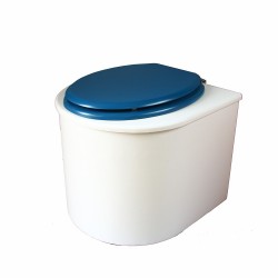 toilette sèche arrondie blanche avec abattant bleu nuit, seau plastique 22 litres et bavette inox