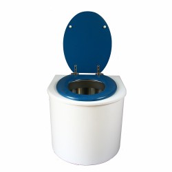 toilette sèche en bois blanc arrondie complète avec abattant bleu nuit, seau inox et bavette inox