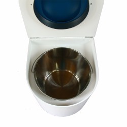 toilette sèche en bois blanc arrondie complète avec abattant bleu nuit, seau inox et bavette inox