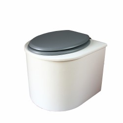 toilette sèche en bois blanc arrondie complète avec abattant gris clair, seau inox et bavette inox