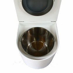 toilette sèche en bois blanc arrondie complète avec abattant gris clair, seau inox et bavette inox