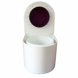 toilette sèche arrondie blanche avec abattant violet, seau plastique 22 litres et bavette inox