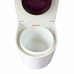 toilette sèche arrondie blanche avec abattant violet, seau plastique 22 litres et bavette inox