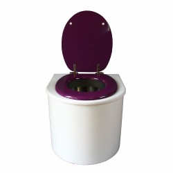 toilette sèche en bois blanc arrondie complète avec abattant violet, seau inox et bavette inox