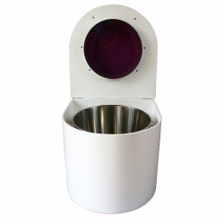 toilette sèche en bois blanc arrondie complète avec abattant violet, seau inox et bavette inox