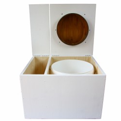 Toilette sèche avec bac à copeaux de bois. bois blanc, abattant bambou. Livré complet avec bavette inox et seau 22 litres