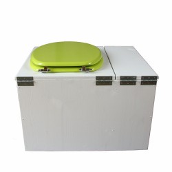 Toilette sèche avec bac à copeaux de bois. peinte en blanc. abattant vert. Livré complet avec bavette inox et seau 22 litres