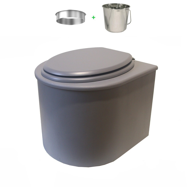 Toilette sèche en bois arrondie grise avec seau inox et bavette inox. Abattant gris