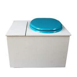 Toilette sèche avec bac à copeaux de bois. peinte en blanc. abattant turquoise. Livrée avec bavette inox et seau 22 litres