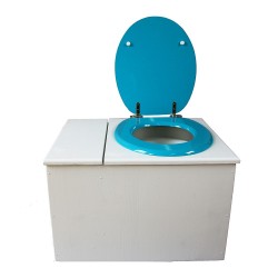 Toilette sèche avec bac à copeaux de bois. peinte en blanc. abattant turquoise. Livrée avec bavette inox et seau 22 litres