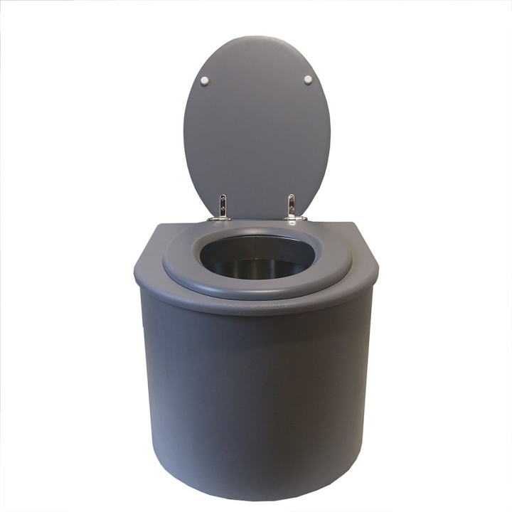  Toilette sèche en bois arrondie grise avec seau inox et bavette inox. Abattant gris