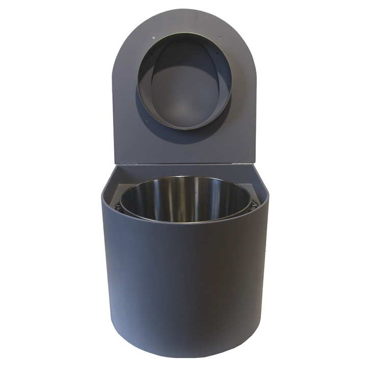  Toilette sèche en bois arrondie grise avec seau inox et bavette inox. Abattant gris