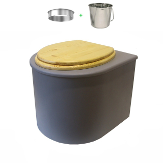 Toilette sèche en bois arrondie grise avec seau inox et bavette inox. Abattant bois huilé
