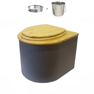 Toilette sèche en bois arrondie huilé/grise avec seau inox et bavette inox. Abattant bois huilé