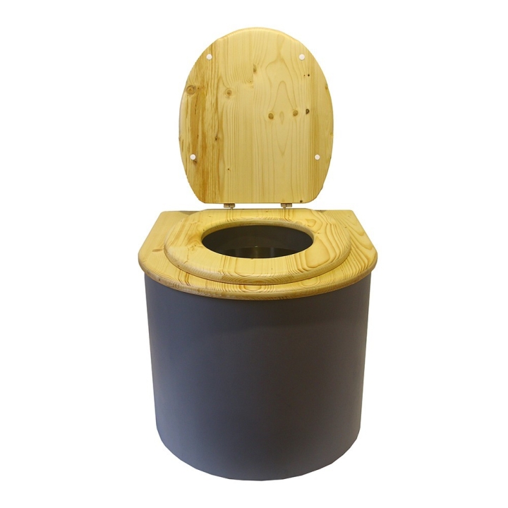  Toilette sèche en bois arrondie huilé/grise avec seau inox et bavette inox. Abattant bois huilé