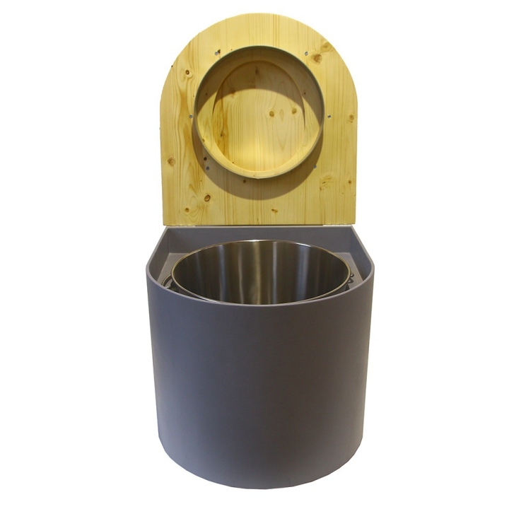  Toilette sèche en bois arrondie huilé/grise avec seau inox et bavette inox. Abattant bois huilé
