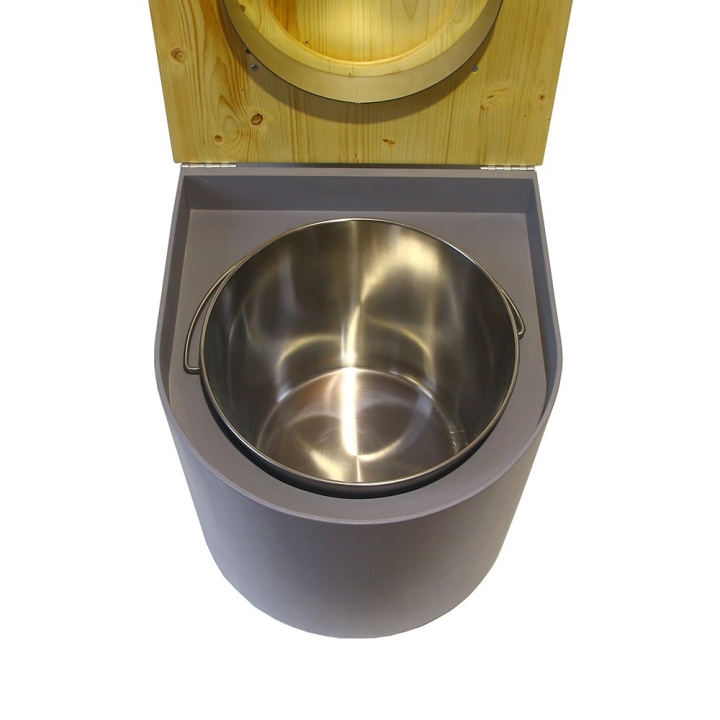  Toilette sèche en bois arrondie huilé/grise avec seau inox et bavette inox. Abattant bois huilé