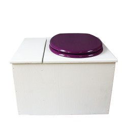 Toilette sèche avec bac à copeaux de bois. peinte en blanc. abattant violet. Livrée avec bavette inox et seau 22 litres