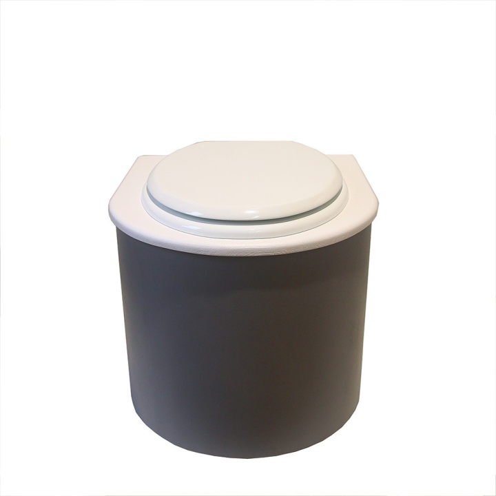  Toilette sèche en bois arrondie gris/blanc avec seau inox et bavette inox. Abattant bois blanc