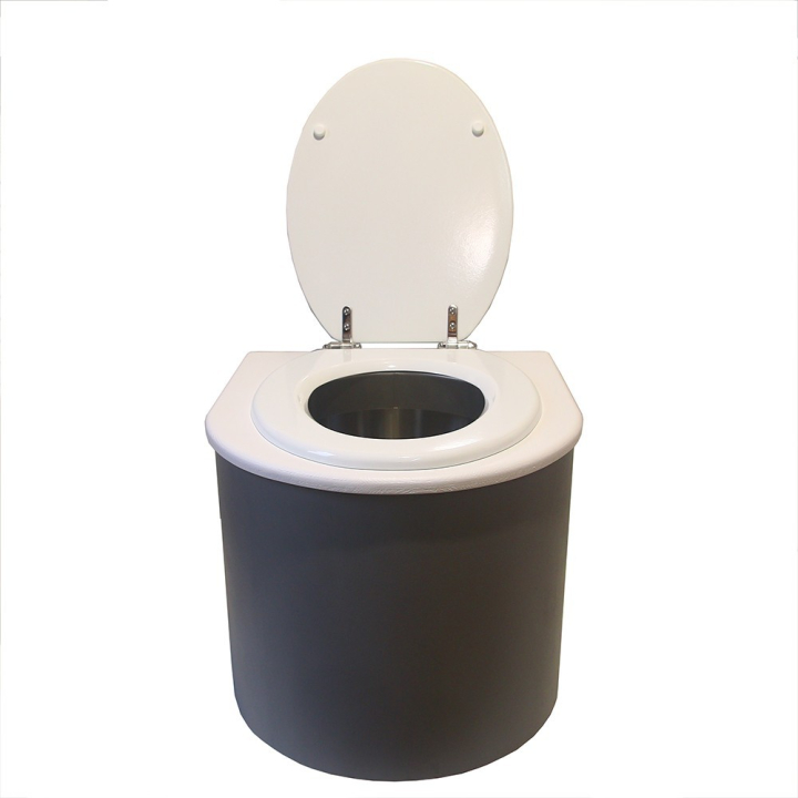  Toilette sèche en bois arrondie gris/blanc avec seau inox et bavette inox. Abattant bois blanc