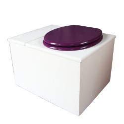 Toilette sèche avec bac à copeaux de bois. peinte en blanc. abattant violet. Livrée avec bavette inox et seau 22 litres