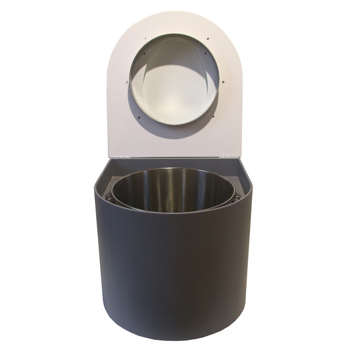 Toilette sèche en bois arrondie gris/blanc avec seau inox et bavette inox. Abattant bois blanc
