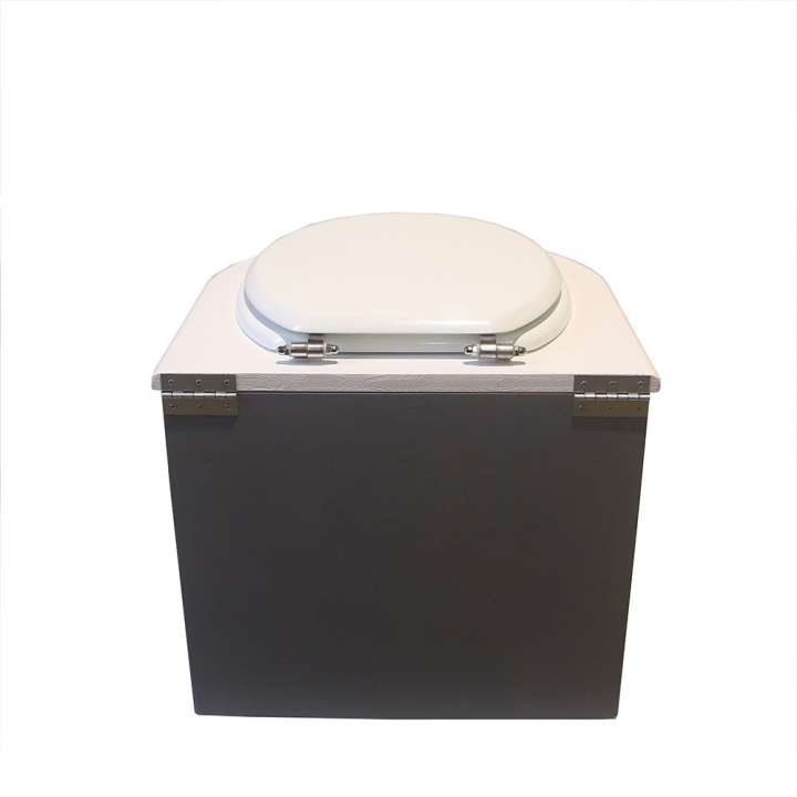 Toilette sèche en bois arrondie gris/blanc avec seau inox et bavette inox. Abattant bois blanc