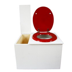 Toilette sèche avec bac à copeaux de bois. peinte en blanc. abattant rouge. Livrée avec bavette inox et seau 22 litres