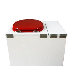 Toilette sèche avec bac à copeaux de bois. peinte en blanc. abattant rouge. Livrée avec bavette inox et seau 22 litres