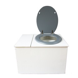 Toilette sèche avec bac à copeaux de bois. peinte en blanc. abattant gris. Livrée avec bavette inox et seau 22 litres