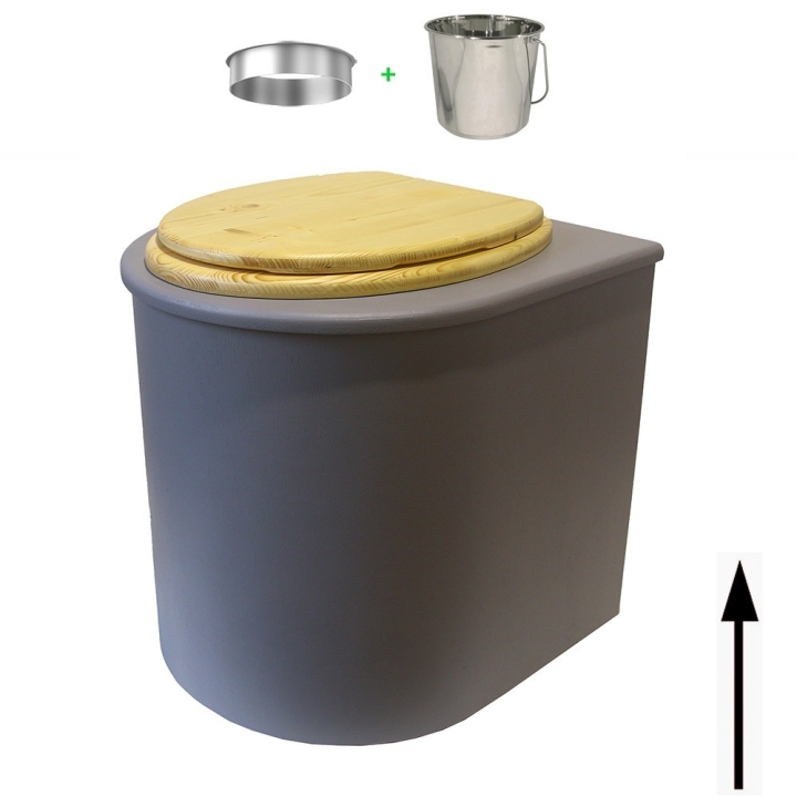 Toilette sèche rehaussée en bois arrondie grise avec seau inox et bavette inox. Abattant bois huilé