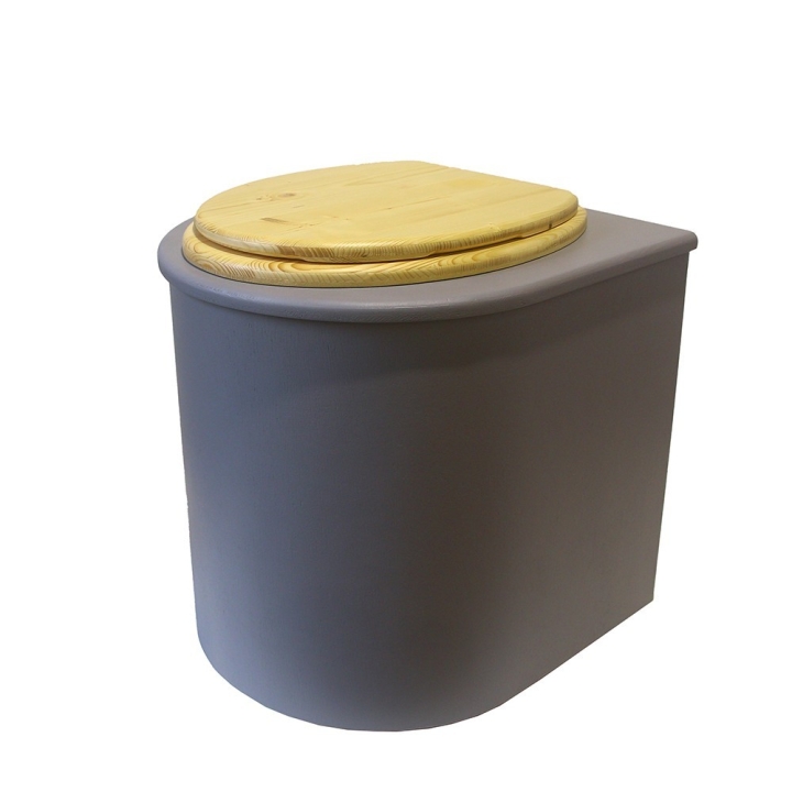  Toilette sèche rehaussée en bois arrondie grise avec seau inox et bavette inox. Abattant bois huilé