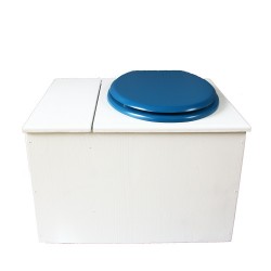 Toilette sèche avec bac à copeaux de bois. peinte en blanc. abattant bleu nuit. Livrée avec bavette inox et seau 22 litres