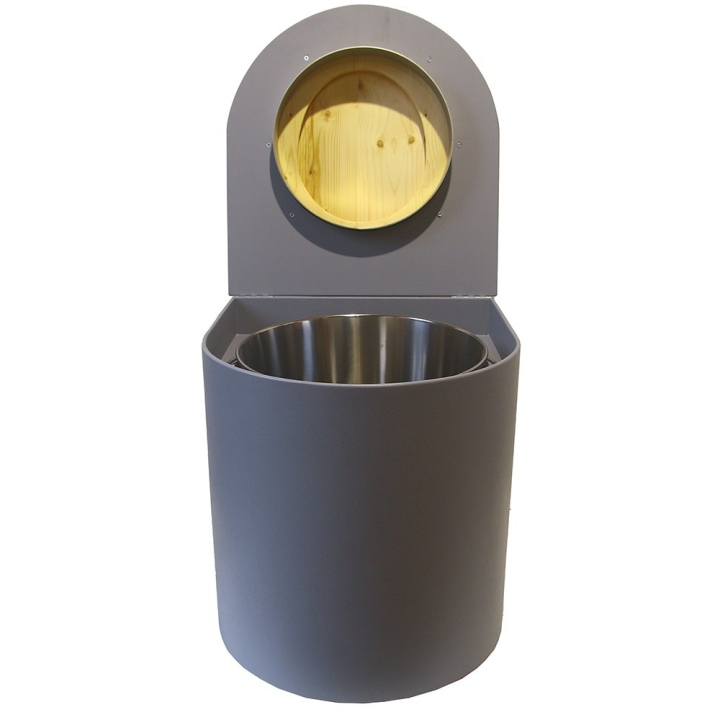  Toilette sèche rehaussée en bois arrondie grise avec seau inox et bavette inox. Abattant bois huilé