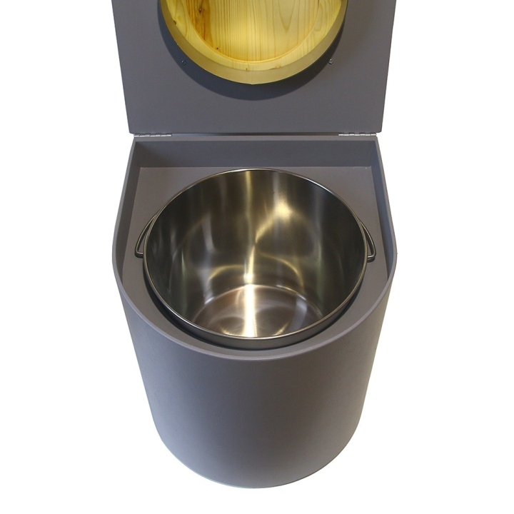  Toilette sèche rehaussée en bois arrondie grise avec seau inox et bavette inox. Abattant bois huilé