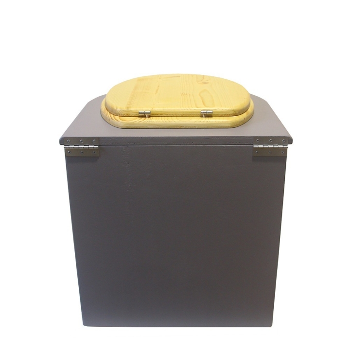  Toilette sèche rehaussée en bois arrondie grise avec seau inox et bavette inox. Abattant bois huilé