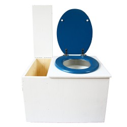 Toilette sèche avec bac à copeaux de bois. peinte en blanc. abattant bleu nuit. Livrée avec bavette inox et seau 22 litres