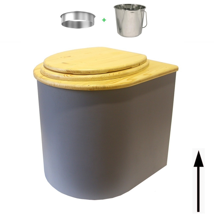 Toilette sèche rehaussée en bois arrondie gris/huilé avec seau inox et bavette inox. Abattant bois huilé