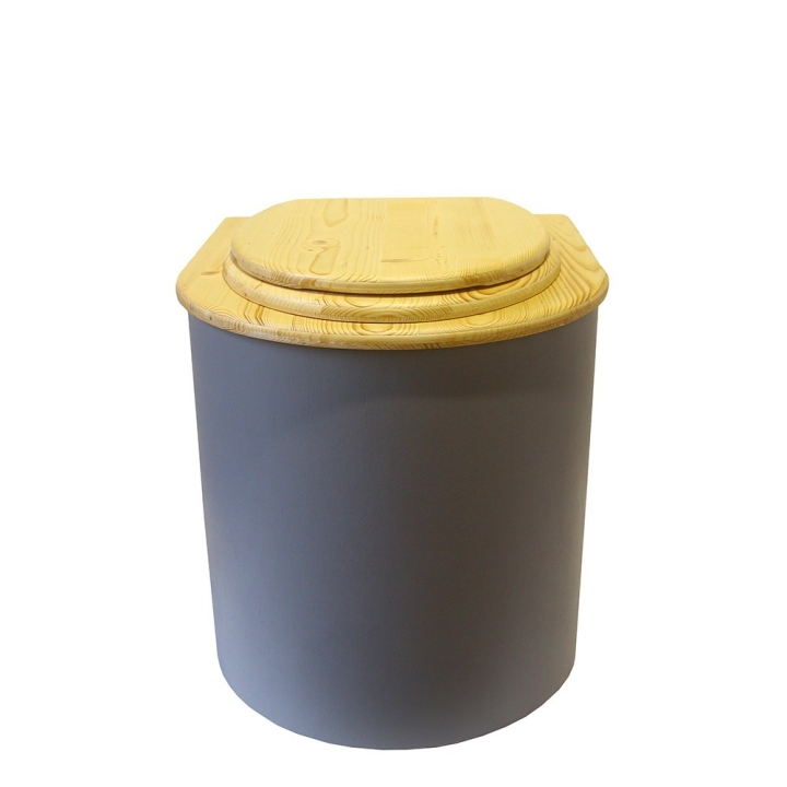  Toilette sèche rehaussée en bois arrondie gris/huilé avec seau inox et bavette inox. Abattant bois huilé