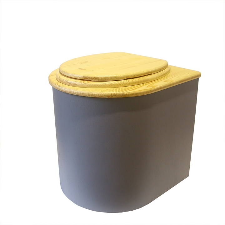  Toilette sèche rehaussée en bois arrondie gris/huilé avec seau inox et bavette inox. Abattant bois huilé