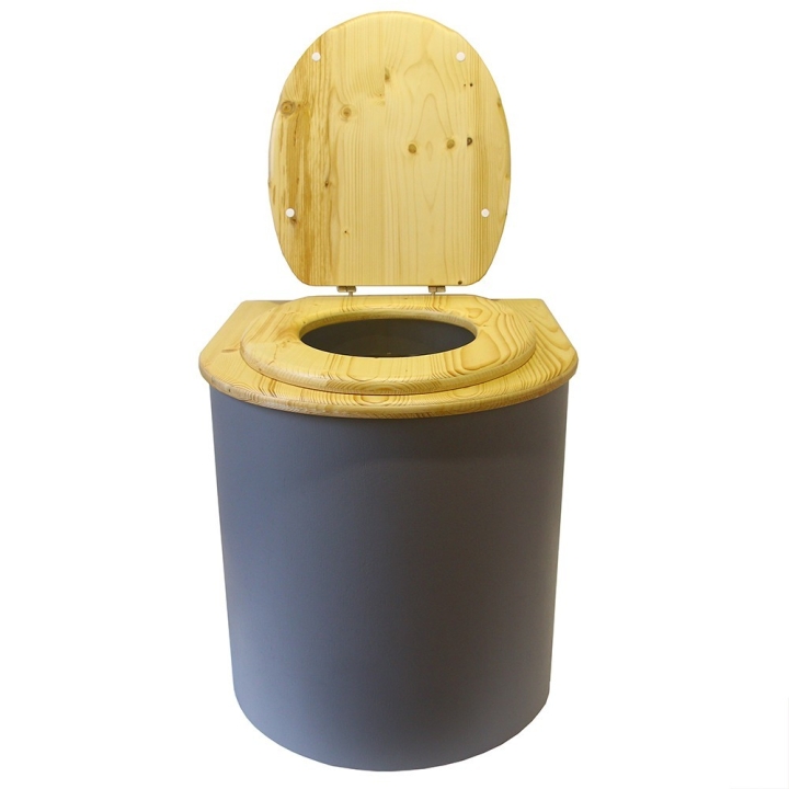  Toilette sèche rehaussée en bois arrondie gris/huilé avec seau inox et bavette inox. Abattant bois huilé