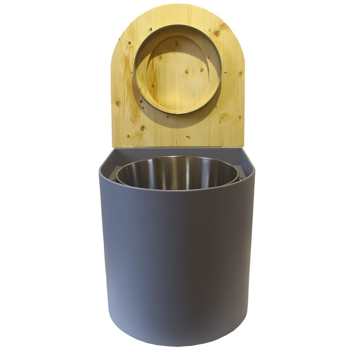 Toilette sèche rehaussée en bois arrondie gris/huilé avec seau inox et bavette inox. Abattant bois huilé