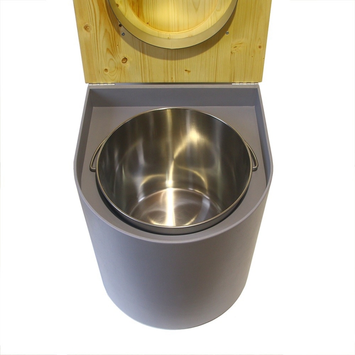  Toilette sèche rehaussée en bois arrondie gris/huilé avec seau inox et bavette inox. Abattant bois huilé