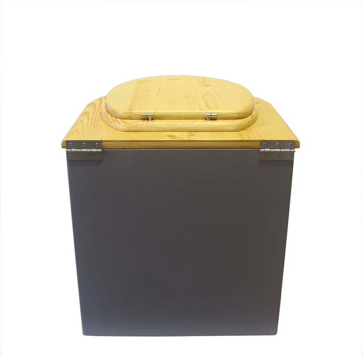  Toilette sèche rehaussée en bois arrondie gris/huilé avec seau inox et bavette inox. Abattant bois huilé