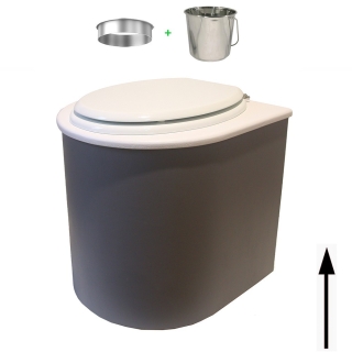 Toilette sèche rehaussée en bois arrondie gris/blanc avec seau inox et bavette inox. Abattant blanc