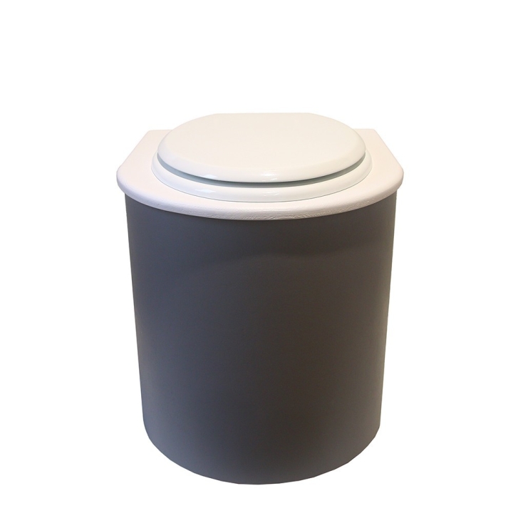  Toilette sèche rehaussée en bois arrondie gris/blanc avec seau inox et bavette inox. Abattant blanc