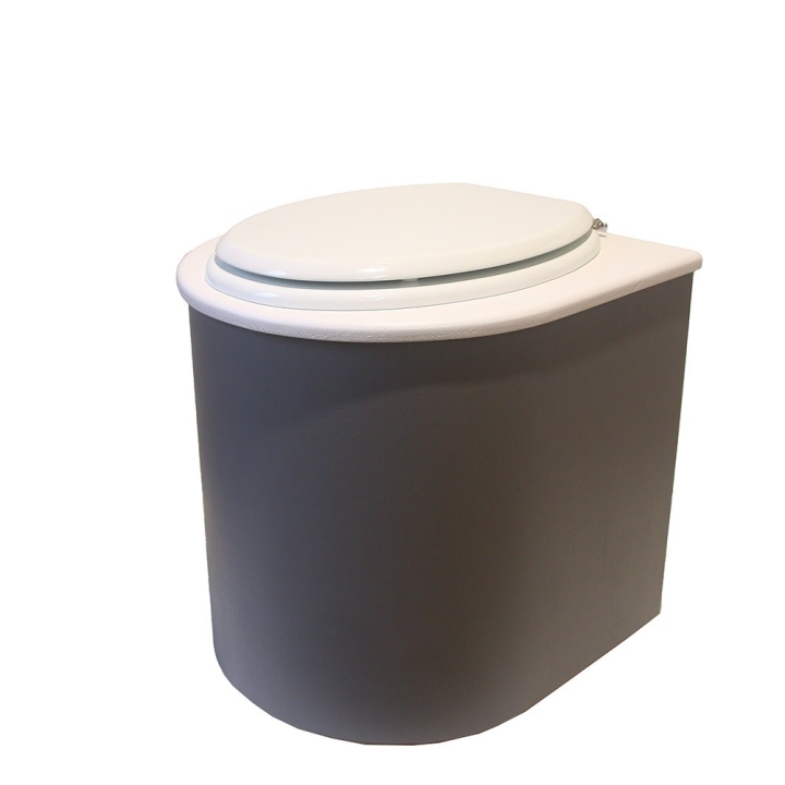  Toilette sèche rehaussée en bois arrondie gris/blanc avec seau inox et bavette inox. Abattant blanc