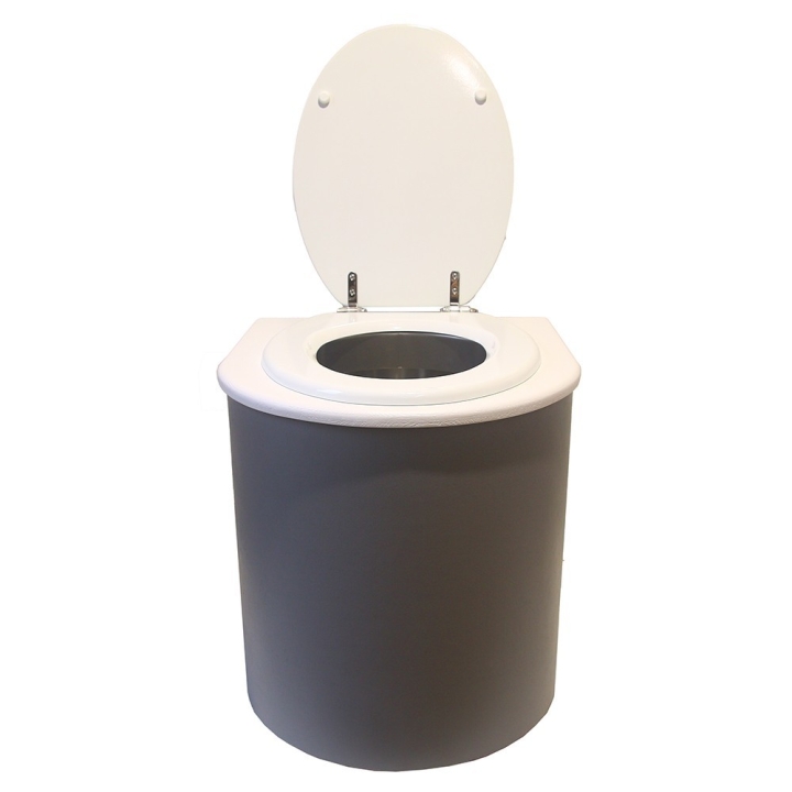  Toilette sèche rehaussée en bois arrondie gris/blanc avec seau inox et bavette inox. Abattant blanc