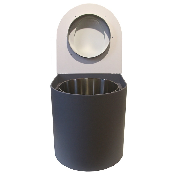  Toilette sèche rehaussée en bois arrondie gris/blanc avec seau inox et bavette inox. Abattant blanc