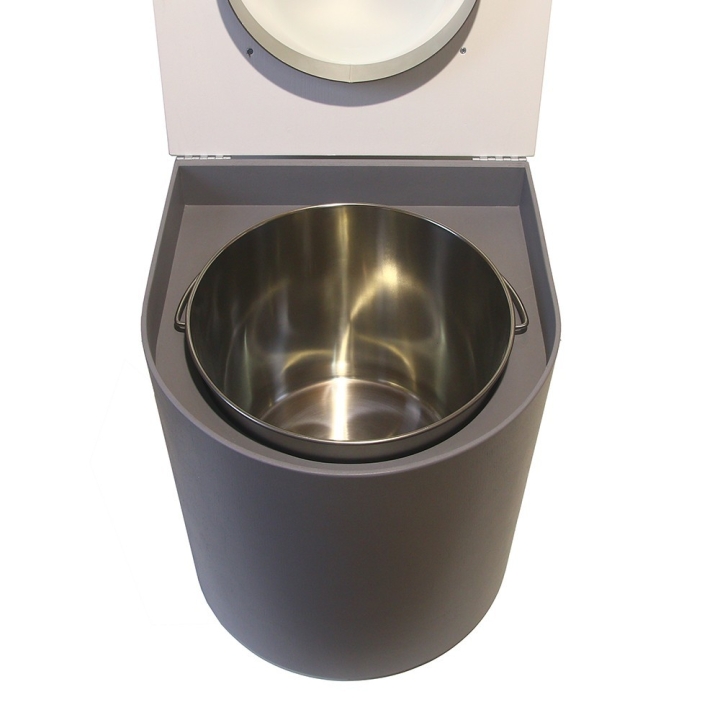  Toilette sèche rehaussée en bois arrondie gris/blanc avec seau inox et bavette inox. Abattant blanc